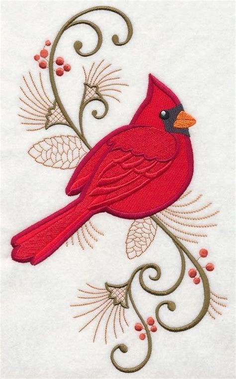 Relisted 2 Red Cardinal Winter Time Bird On Branch Embroidered Fabric