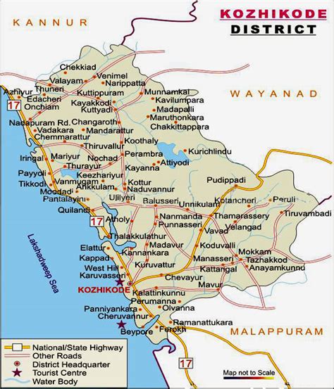 Know all about kerala state via map showing kerala cities, roads railway networks spreading all over kerala, connecting almost every major city and town. Tourist Guide of Kozhikode district of Kerala