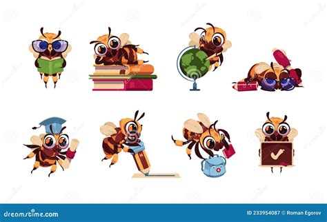 School Bee Cute Cartoon Children Mascot With Study Supplies Honeybee