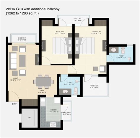 2 Bhk 1262 To 1283 Sqft Floor Plan Prithvi Estates