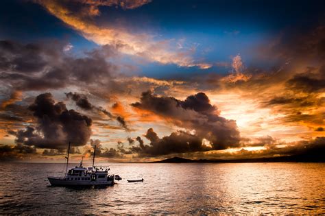 Poberezhe Yacht Sunset Evening Sea Ocean Fishing Sky Clouds