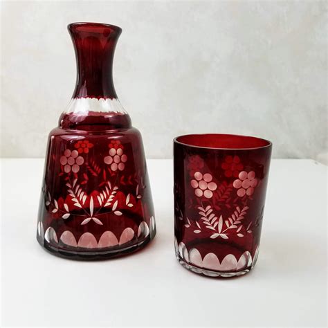 Bohemian Ruby Red Etched Glass Decanter And Glass Vintage Red Glass Decor Carafe And Tumbler
