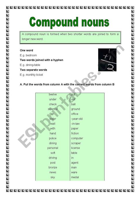 Compound Nouns Worksheet Compound Nouns Worksheet Free Esl Printable