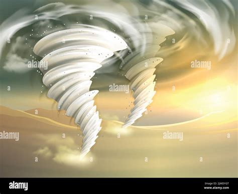 Two Realistic Tornado Swirls With Sun And Clouds On Background Vector