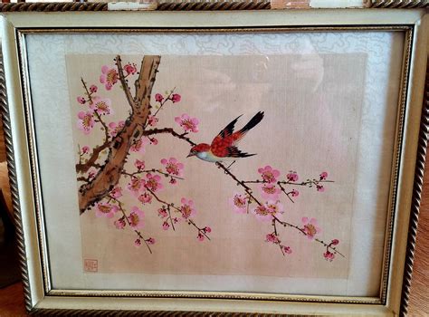 Asian Painting On Silk~bird And Pink Cherry Blossoms~vintage Mid Century