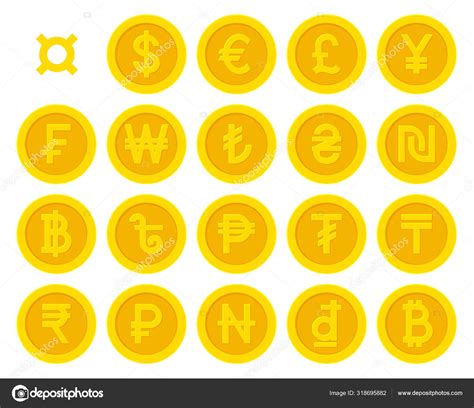 Golden Yellow Coins With Currency Symbols Set Stock Vector Image By