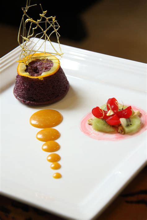 Platted Desserts Ube Steam Pudding With Caramel Sauce And Cherry Kiwi