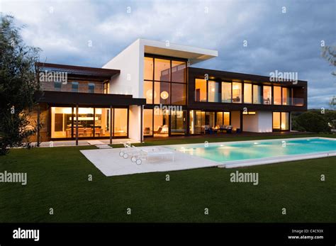 Front Elevation At Dusk Of Modern Villa In Spain Stock Photo Royalty