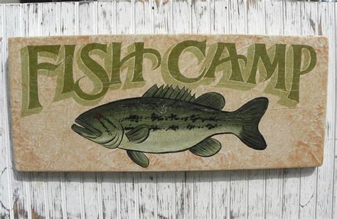 Fish Camp Sign Wood Hand Painted Man Cave Collage Wall Or Boat Dock By