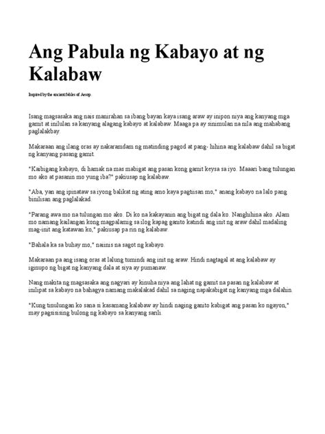 Ang Pabula Ng Kabayo At Ng Kalabaw