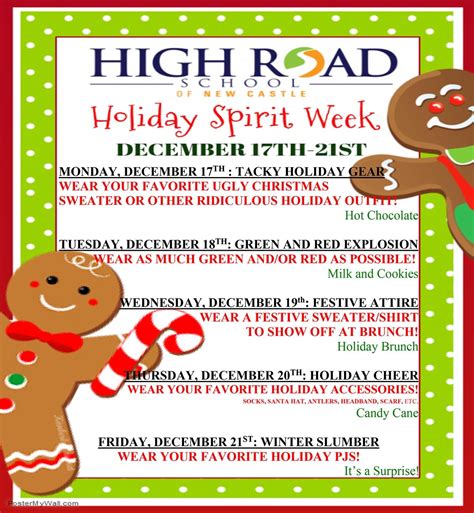 Christmas spirit monday, december 14 th wear a santa hat, elf ears or antlers and show week wednesday, december 16th put on a christmas sweater and come in from the cold! Holiday Spirit Week - Catapult Learning