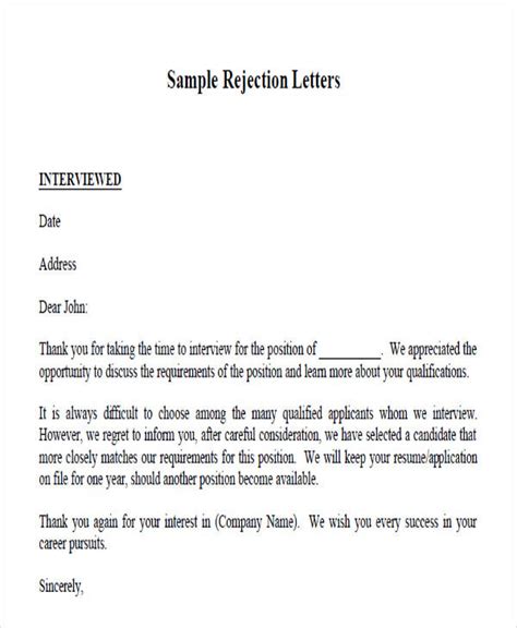 PDF TEMPLATE LETTER NOT SELECTED FOR INTERVIEW PRINTABLE DOWNLOAD