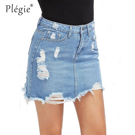 Plegie Sexy Women Ripped Hole Denim Skirts Jeans Streetwear Slim Wrap Skirt High Waist 2018