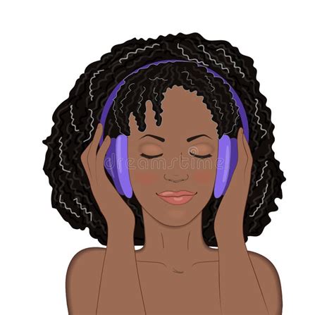 african girl with eyes closed and a smile listening to music in headphones on white background