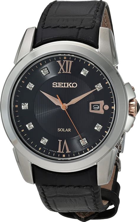 seiko men s stainless steel japanese quartz watch with leather calfskin strap black
