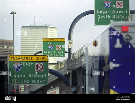 Road Signs Viewed From An Expressway Exit Road In Downtown Boston