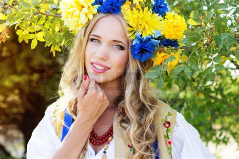 Portrait Of A Beautiful Ukrainian Girl In National Costume Stock