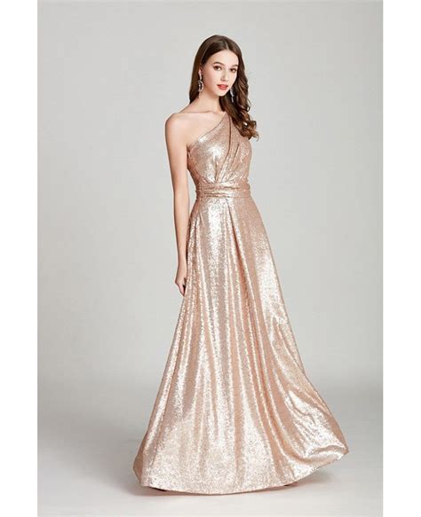 Sparkly Gold Sequin Pleated Long Formal Dress One Shoulder Ck780