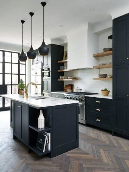 The rich black stain on these cabinets emphasizes the clean lines distressed black cabinets add a bit of yesteryear charm in a kitchen that's both thoroughly modern and timeless in style. Top 50 Best Black Kitchen Cabinet Ideas - Dark Cabinetry ...