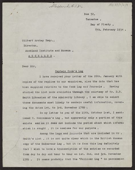 Letter From Bernard Sladden To Gilbert Archey Director Of Auckland