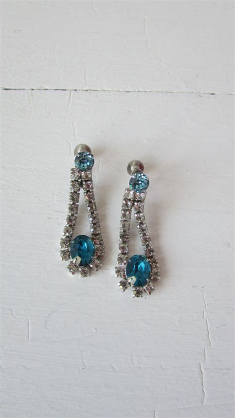1950s Rhinestone Earrings Vintage 50s Earrings Blue Etsy Cocktail