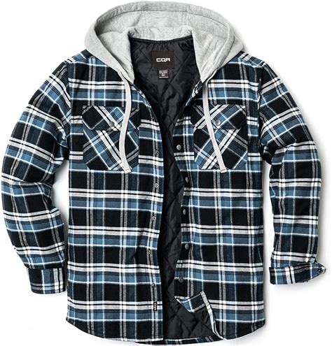 Cqr Mens Hooded Quilted Lined Flannel Shirt Jacket Long Sleeve Plaid