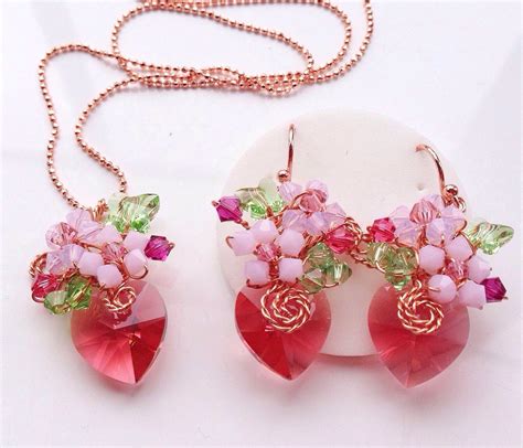 Peach Jewelry Set Delicate Jewellery Heart Floral By Pastelgems