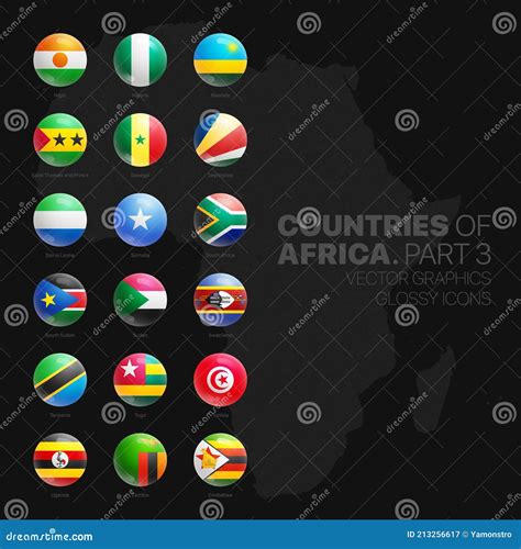 African Countries Flags Vector 3d Glossy Icons Set Isolated On Black