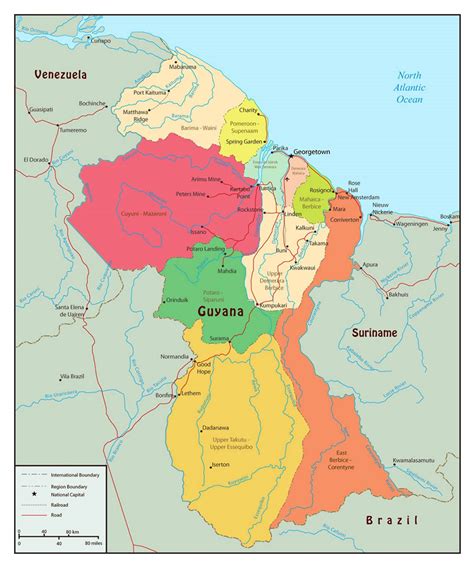 Большая политическая и административная карта Гайаны с дорогами и городами Гайана Южная
