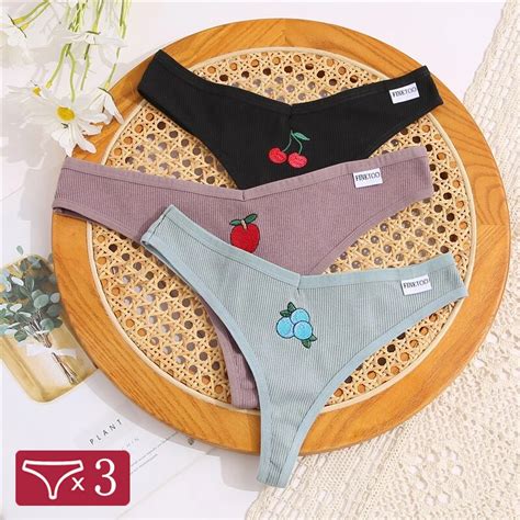 Finetoo 3pcs Set Cotton Panties For Women Ladies Sexy Fruit Thongs Breathable T Back G String