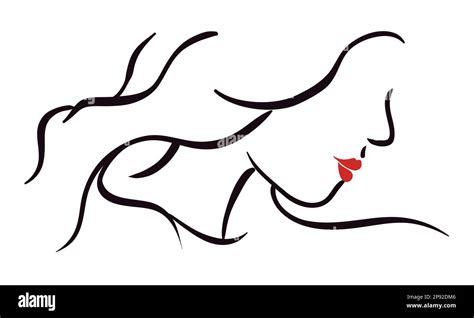 Silhouette Of Womans Face With Long Hair And Red Lips In Outlines