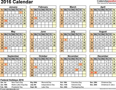 2016 Calendar - Download 16 free printable Excel templates (.xlsx)