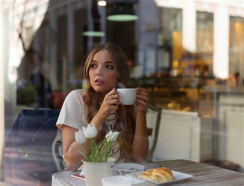 Pretty Woman Having Coffee In Cafe Alone By Milles Studio Cafe Girl