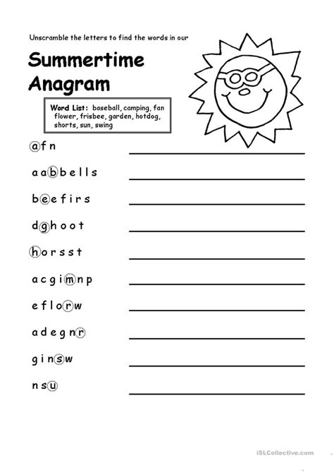 Summertime Anagram Worksheet Free Esl Printable