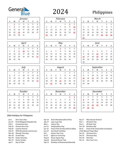 2024 Philippines Calendar With Holidays