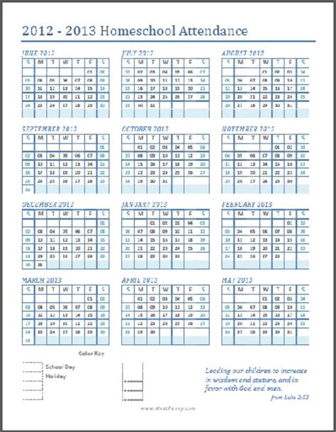 Free Printable Homeschool Attendance Calendar