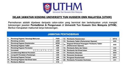 Portal jawatan kosong kerajaan membuka peluang pekerjaan di universiti tun hussein onn malaysia (uthm) yang kini dibuka untuk warganegara malaysia dan kepada yang berminat serta berkelayakan dipelawa untuk mengisi kekosongan jawatan ini seperti berikut Jawatan Kosong Terkini Universiti Tun Hussein Onn Malaysia ...