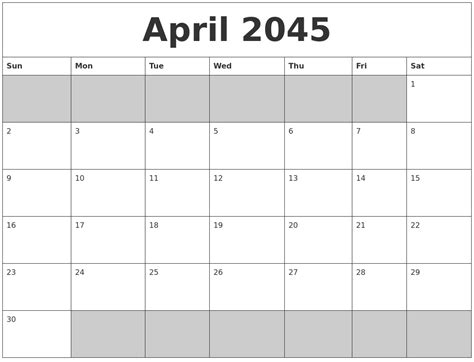 April 2045 Blank Printable Calendar