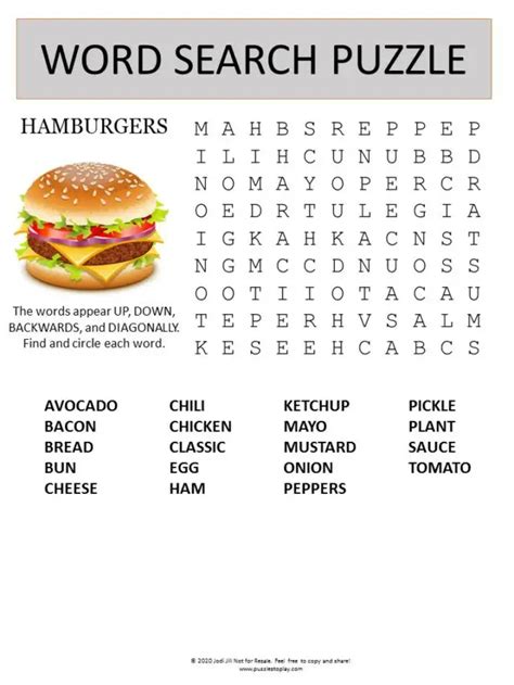 Burgers Word Search Puzzle Puzzles To Play