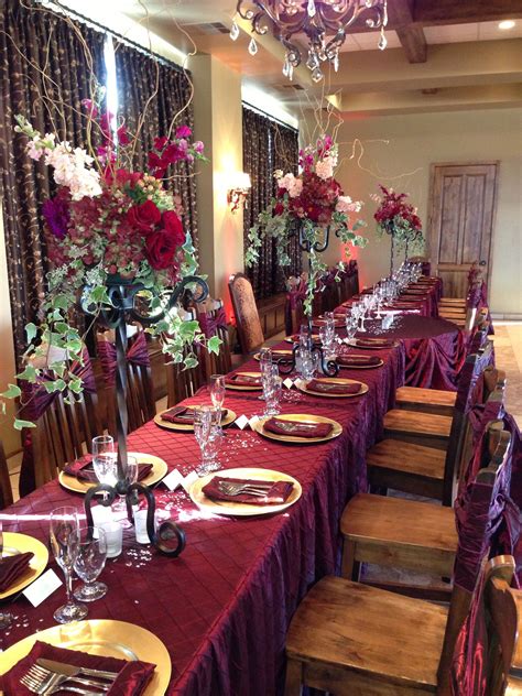 Burgundy Centerpieces Hydrangea Dahlias Snap Dragons Roses Ivy And