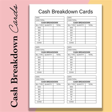 Cash Breakdown Count Sheet Printable Cash Breakdown Cards PDF Cash