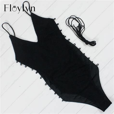 floylyn one piece swimsuit women bandage cut out v neck bodycon monokini black beach bathing