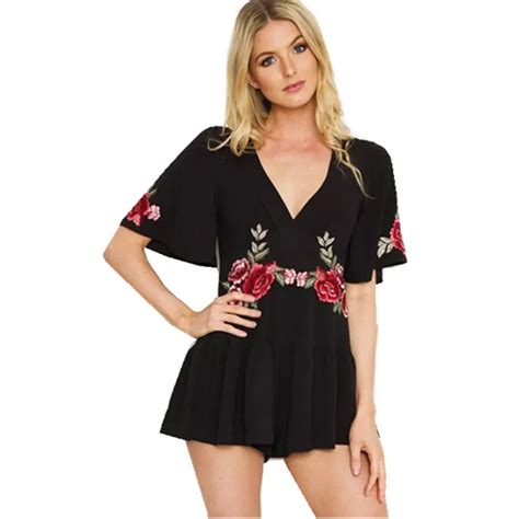 Sexy Red Rose Flower Appliques Embroidery Jumpsuit New Woman V Neck