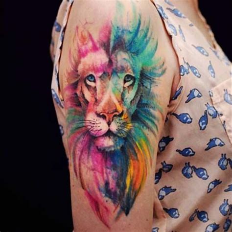 Woman Upper Arm Colorful Lion Tattoo Woman Upper Arm Watercolor Lion