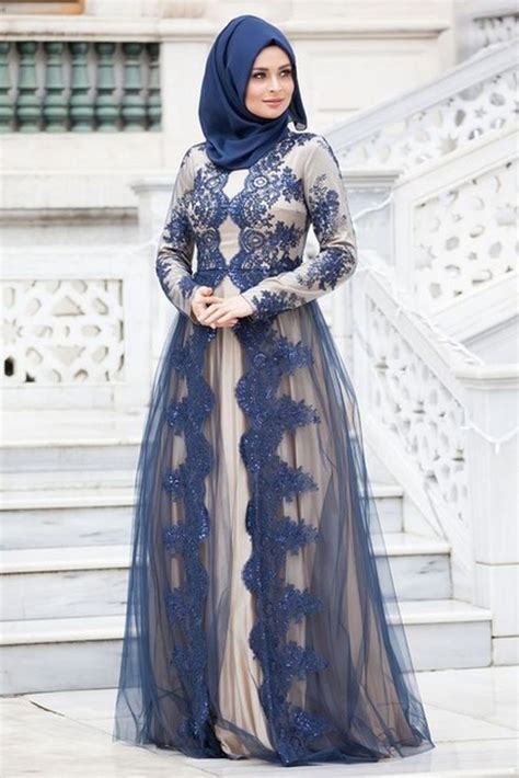 Navy Blue Lace Applique Muslim Evening Dresses 2017 Elegant Long Sleeves A Line Arabic Prom