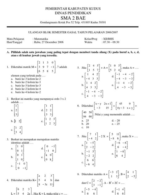 Soal Matematika SMA Kelas XII Bahasa