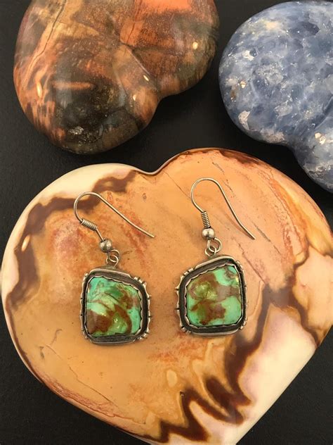 Sterling Silver Green Turquoise Dangle Earrings Native Etsy