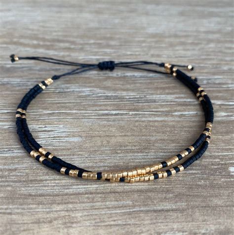 Minimalist Bracelet With Miyuki Beads Black And Gold Dainty Etsy