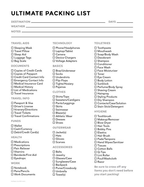 The Ultimate Packing List Is Shown In Black And White With Text That Reads Ultimate Packing List