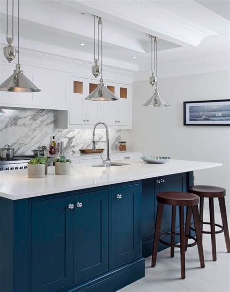 Blue And Marble Kitchen With White Quartz Worktop White Marble Kitchen